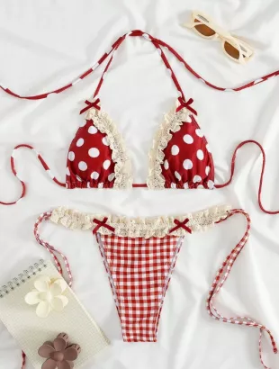 New Soft Polka Dot Lace Ruffle Bow Decor Halter Tie Sexy Party Bikini Set