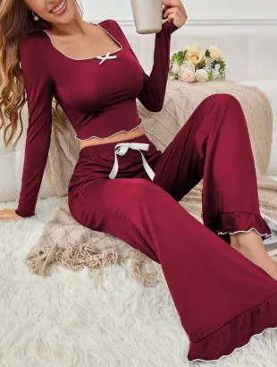 2pcs Contrast Color Trim Long Sleeve Top & Pants Pajama Set