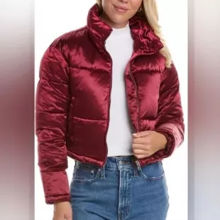Burgundy Metallic Cropped Puffer Jacket