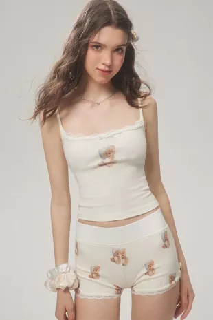 Bear Print Cropped Camisole & Camisole & Shorts