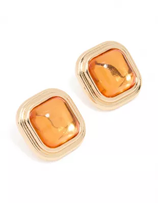 Gold Orange Diamante Square Stud Earrings