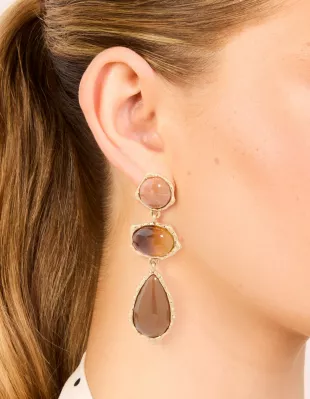 Gold Brown Stone Mixed Shape Drop Earrings