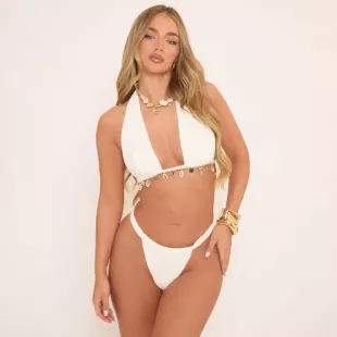Tassel Shell Trim Triangle Bikini Set In White