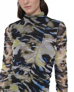 Printed Ruched Mesh Top