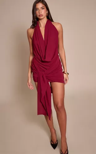 Wine Woven Wrap Halterneck Mini Dress