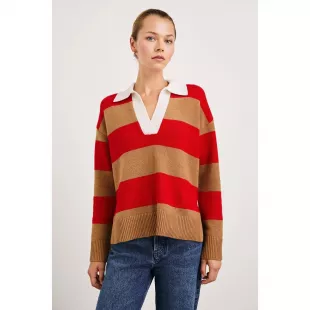 Cherry Camel Stripe Harris Collared Sweater