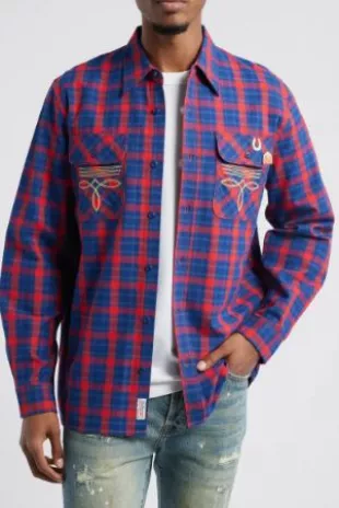 Dust Embroidered Plaid Flannel Button-Up Shirt