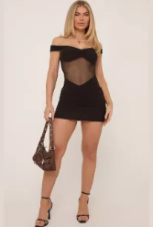 Bardot Contrast Mesh Ruched Mini Bodycon Dress In Black
