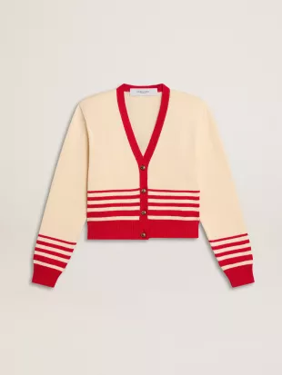 Women's Cardigan In Cream With Red Stripes