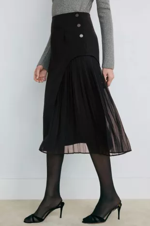 Black Midi Skirt With Pleat Details
