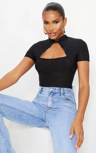 Black Slinky Cut Out Fastened Short Sleeve Bodysuit