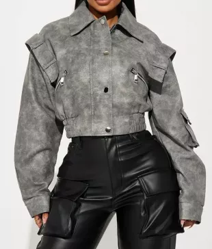 Grey Cropped Leather Jacket