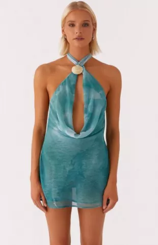 Oceans Away Deep Cowl Mini Dress - Green Tie Dye