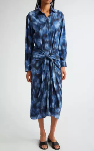 Abstract Print Tie Front Long Sleeve Shirtdress