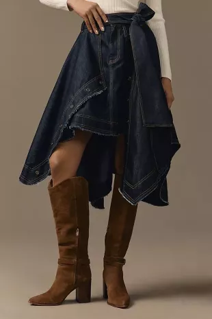 Denim High-Low Asymmetric Raw-Hem Skirt