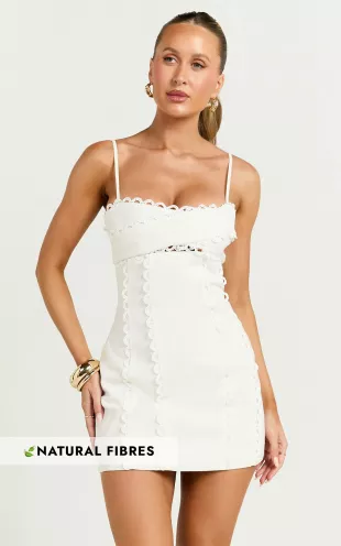 Gigi Mini Linen Blend Dress Sweetheart Tie Back Scallop Detail Dress in Off White
