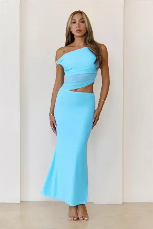 Shimmering Edge Off Shoulder Mesh Maxi Dress Blue