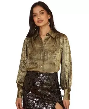Metallic Relaxed Balloon Sleeve Shirt