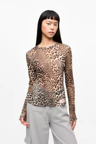 Leopard Printed Mesh Long Sleeve Blouse