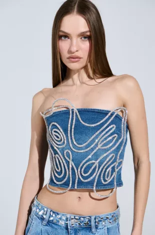 Wobbly Rhinestone Denim Corset Top