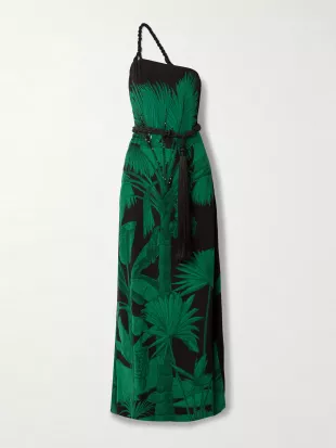 Exceptional Joy belted embellished printed silk crepe de chine maxi dress