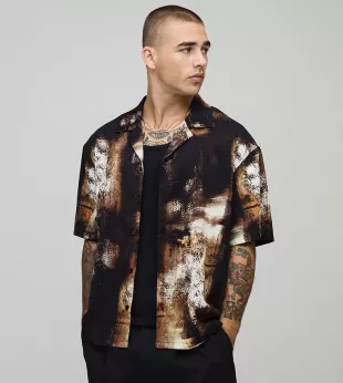 Distorted Print Short Sleeves Oversized Shirt