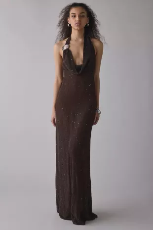 Moara Sheer Shimmer Knit Plunge Open Back Maxi Dress