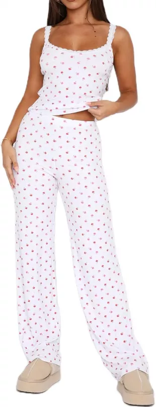 Women 2 Piece Pajama Set Sleeveless Lace Patchwork Cami Crop Top