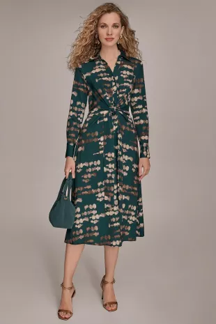 Abstract Long Sleeve Tie Front Stretch Satin Shirtdress