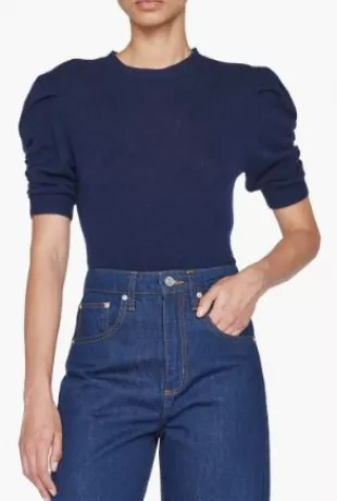 Ruched Sleeve Cashmere-Wool Sweater in Magenta