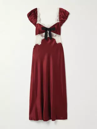 Veda Bow-detailed Corded lace-trimmed Silk-charmeuse Midi Dress