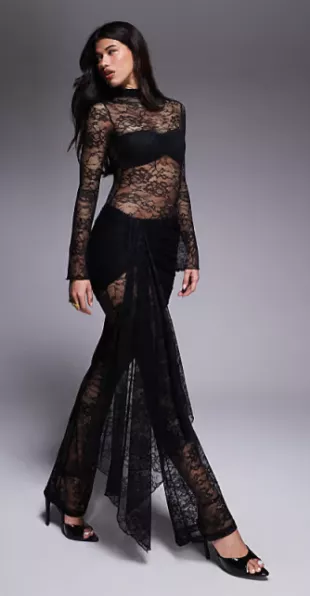 Roxy Sheer Lace High Neck Drape Waist Detail Wide Leg Jumpsuit