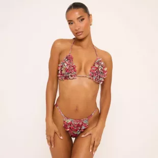 Triangle Ruffle Detail Tie Side Bikini In Red Paisley Print
