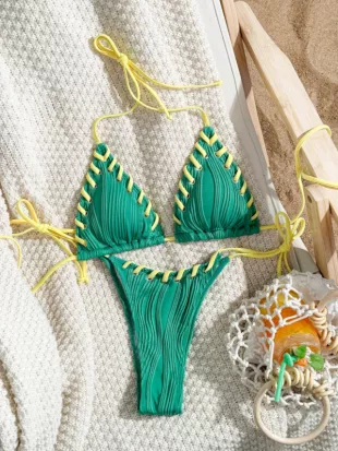 Swim Mod Ladies Halter Neck Holiday Triangle Bra And Strap Bikini Bottom Set