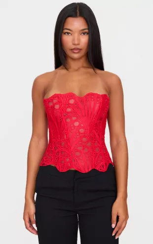 Red Textured Sheer Floral Lace Corset