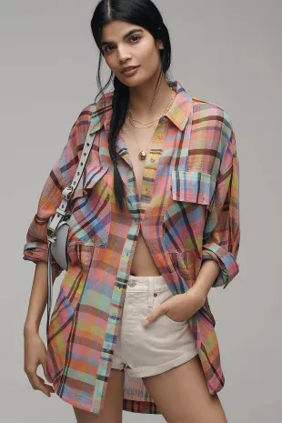 Pilcro Long Sleeve Mixed Madras Plaid Oversized Buttondown Shirt