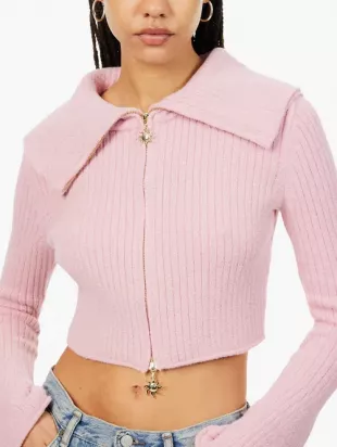 Peggy Double Collar Metallic Knit Cardigan in Pink