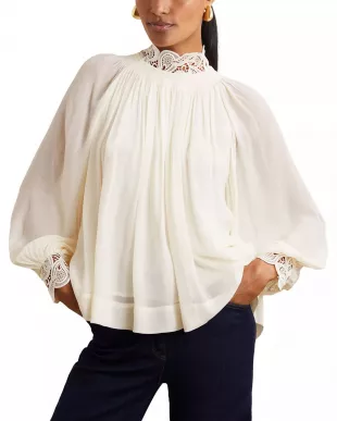 Czara Lace Accent Smocked Yoke Top in Cream