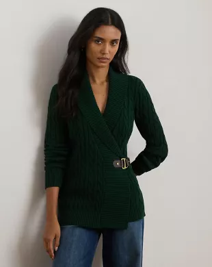 Buckle-Trim Cotton Sweater in Deep Pine