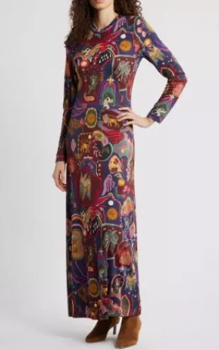 Artsy Surreal Long Sleeve Floral Jersey Dress