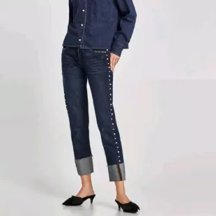 Cuffed Denim Straight Leg Pearls