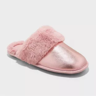 Metallic Pink Faux Fur Slippers
