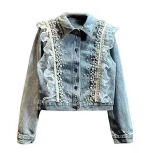Spring Lace Stitching Short Denim Jacket