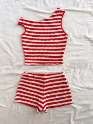 2pcs/Set Women's Holiday Striped Knit Asymmetric Shoulder Fitted Top