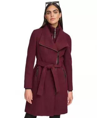 Wool Blend Belted Wrap Coat in Chianti