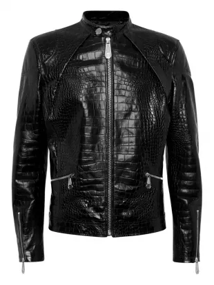 Crocodile-embossed Biker Jacket