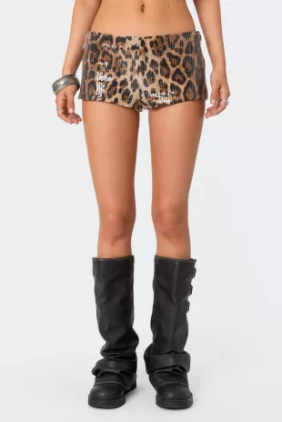 Sequin Leopard Printed Micro Shorts