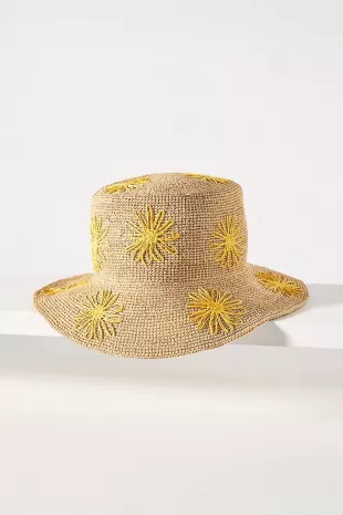 Floral Embroidered Straw Bucket Hat