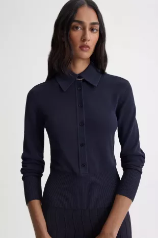Pleat Lace Ls Shirt in Navy