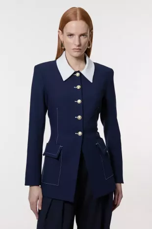Compact Stretch Tailored Contrast Collar Single Breasted Longline Jacket